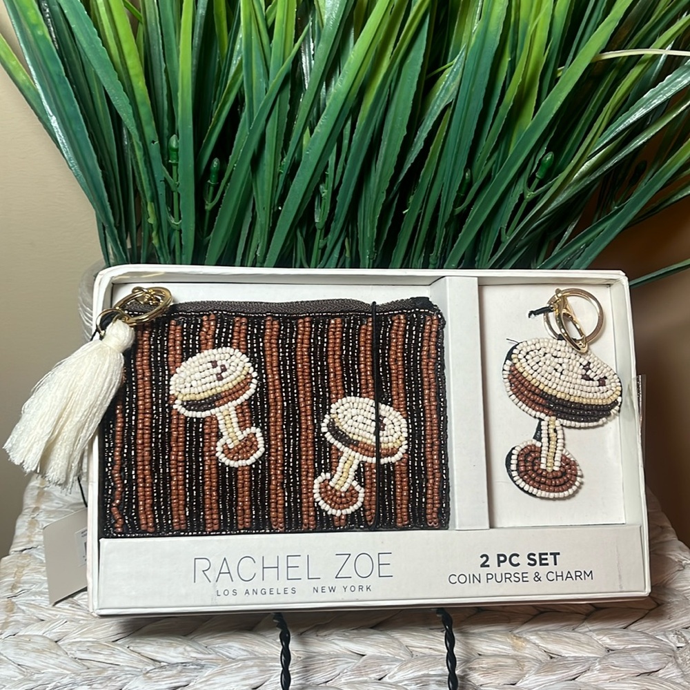 Rachel Zoe beaded coin purse & charm set Espresso brown martini O/S cocktail
